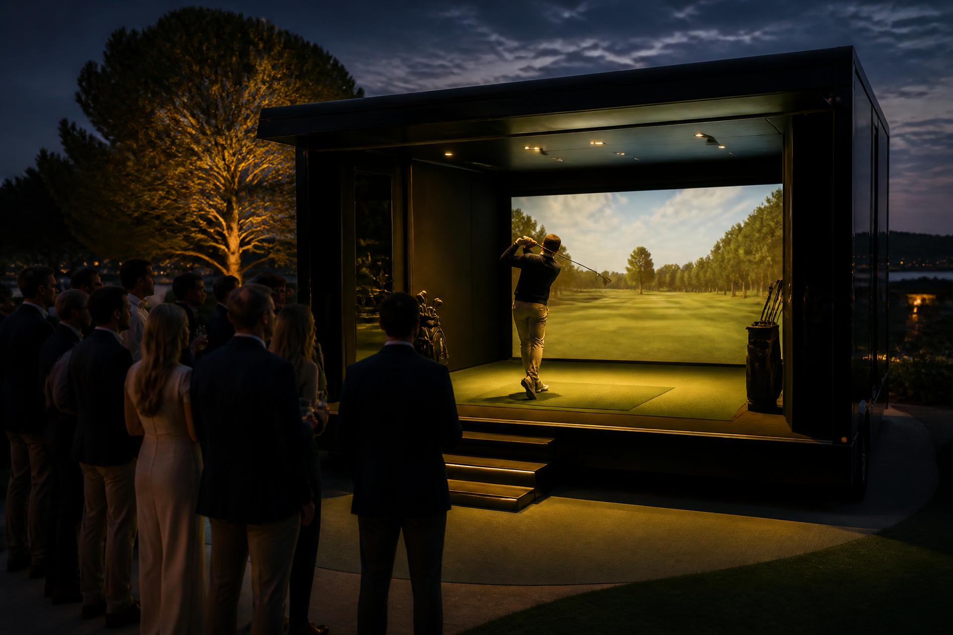 Mobile golf simulator set up at an evening outdoor golf event with guests watching a player swing